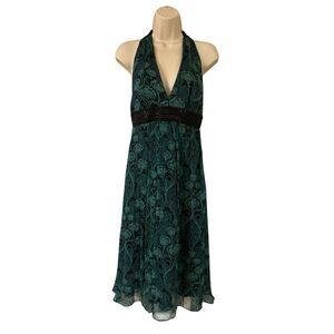 Laundry Shelli Segal 100% Silk Beaded Y2K V-neck Midi Green Halter Dress Size 2